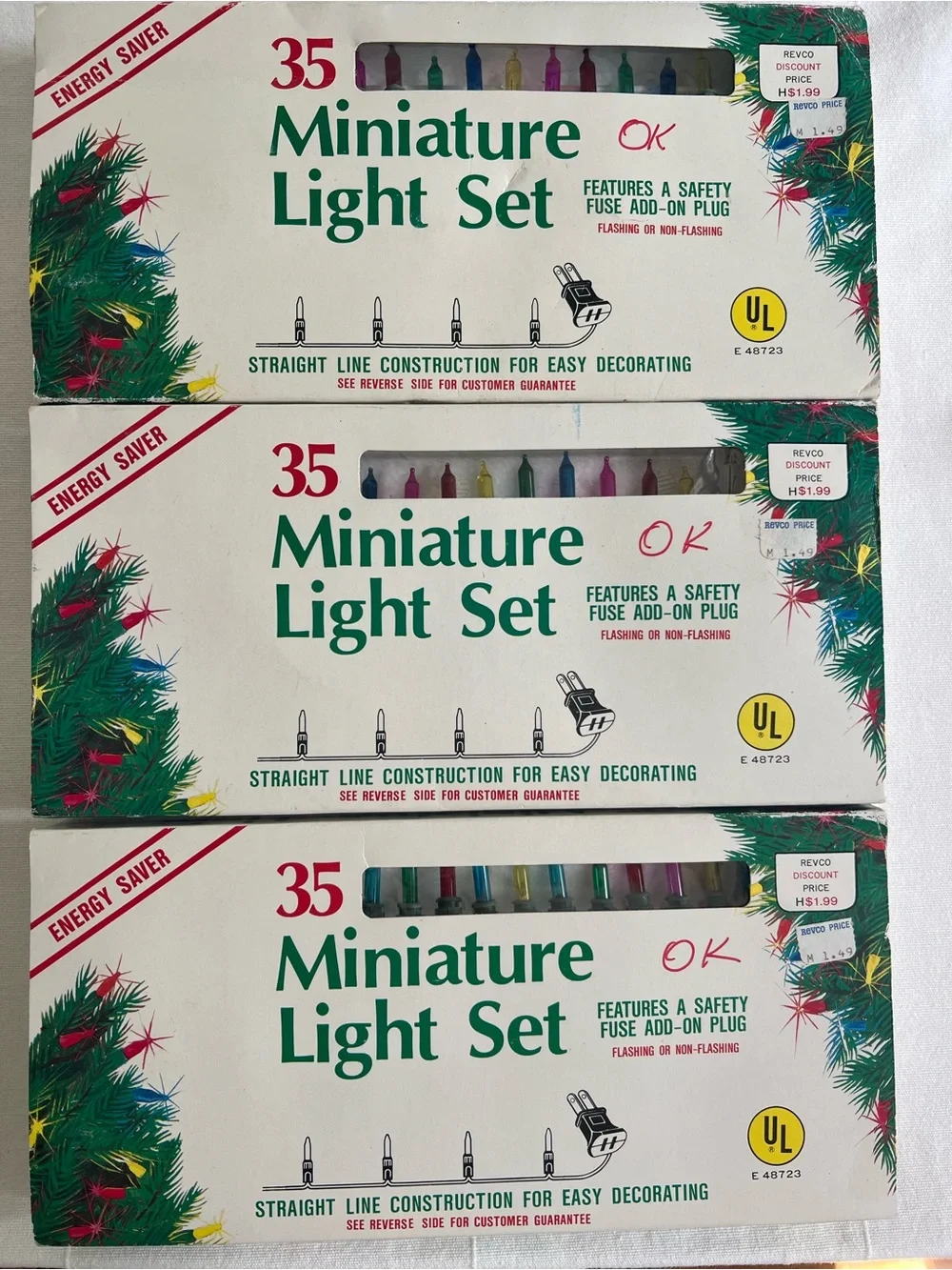 UL 35 Miniature Light Set Lot Of 3 Multi Color Vintage Christmas Energy Saver